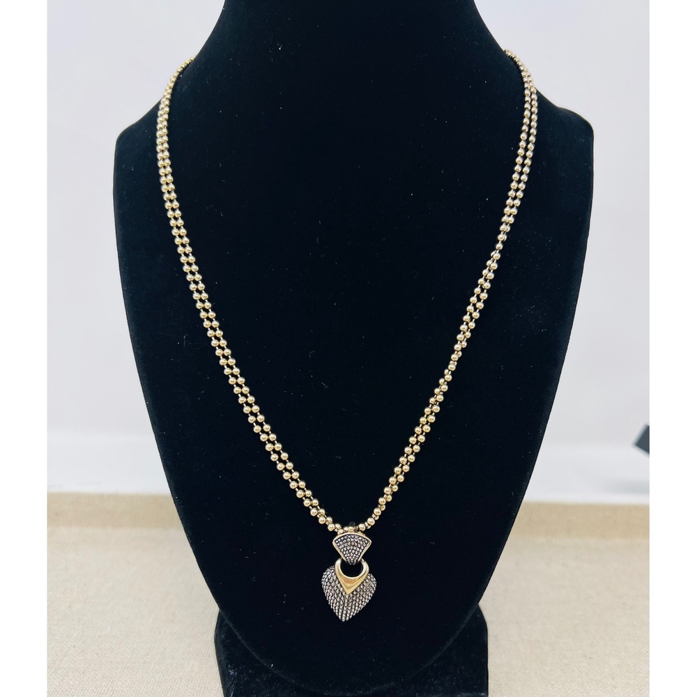 Ellen Kiam Double Strand Ball Chain Heart Pendant Necklace Two-Tone Gold Silver